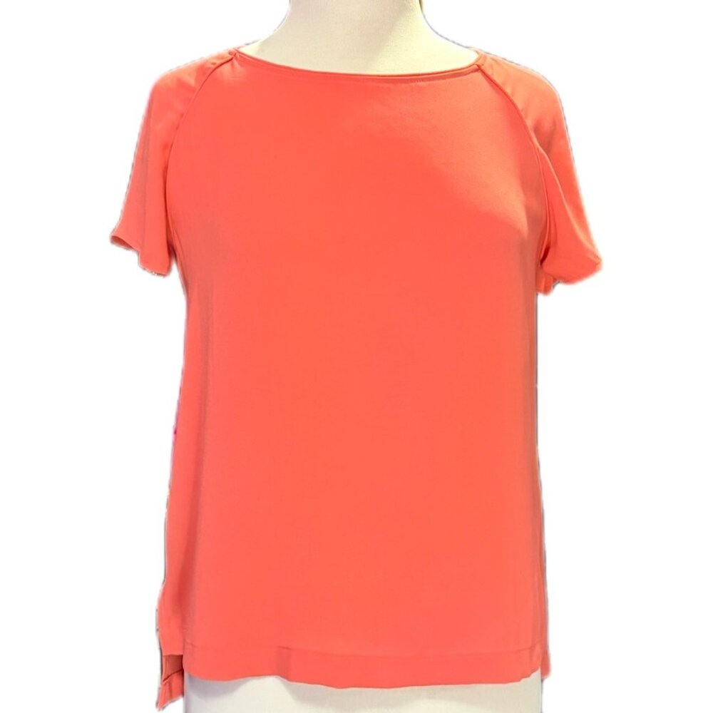 New Flowy Breathable Coral Short Sleeve Top High Low Hem Summer Blouse Crew Neck